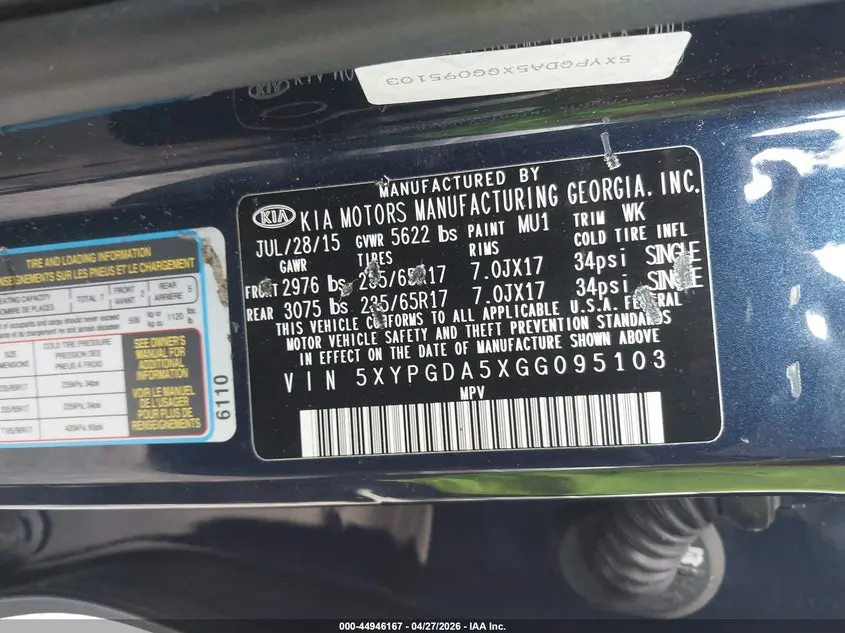 2016 KIA SORENTO 3.3L LX