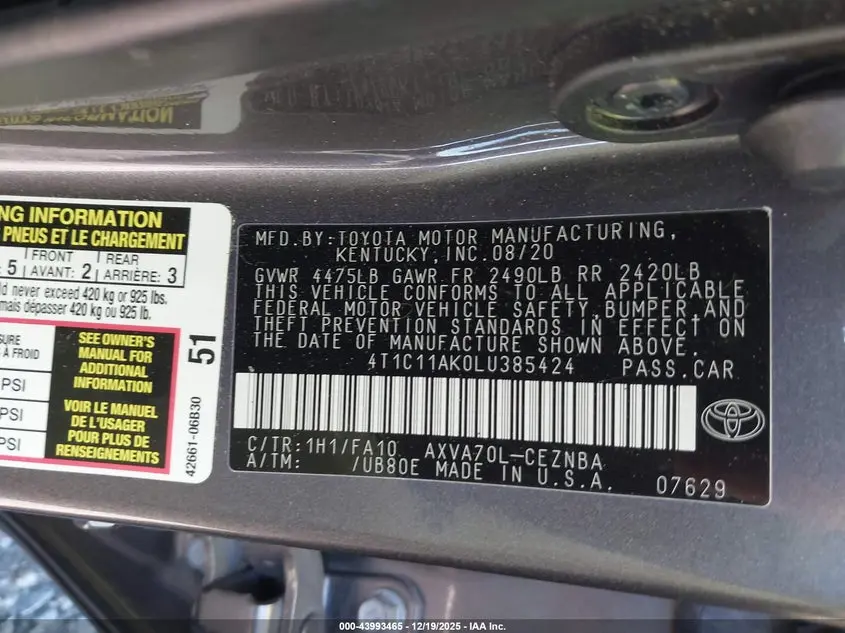 2020 TOYOTA CAMRY LE