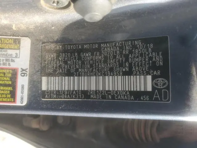 2019 TOYOTA COROLLA L  