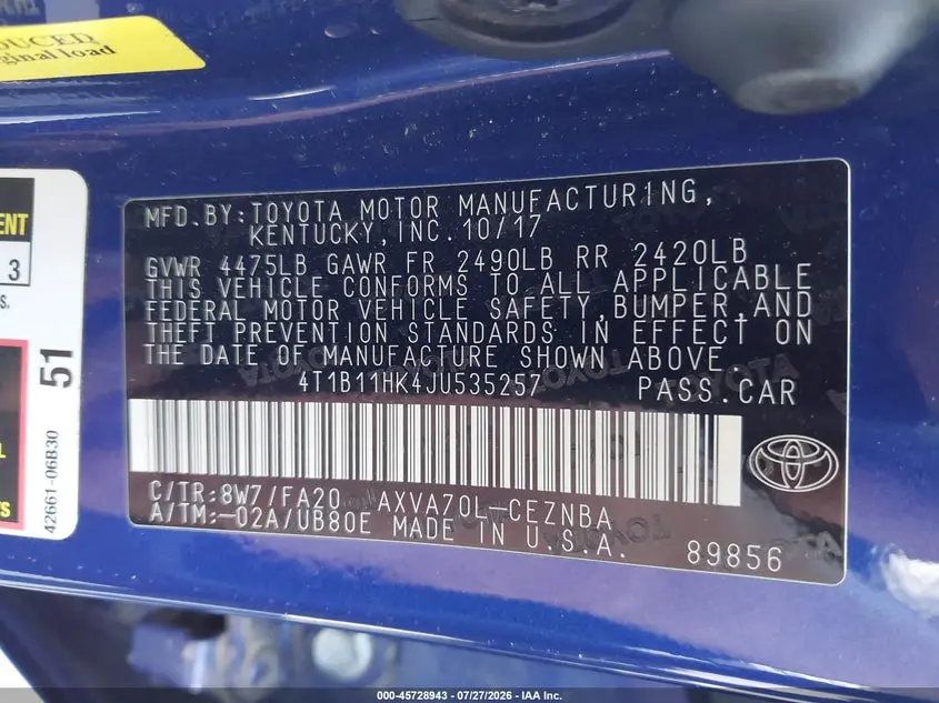 2018 TOYOTA CAMRY LE