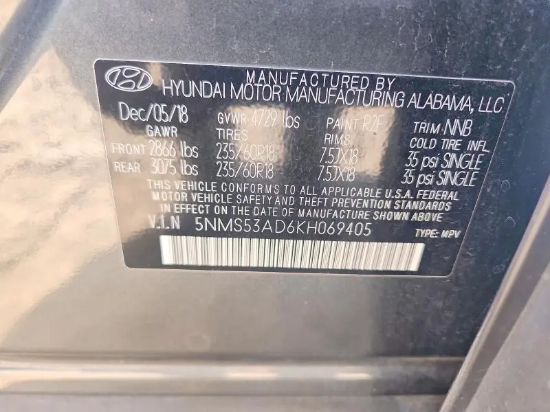 2019 HYUNDAI SANTA FE LIMITED 2.4L  