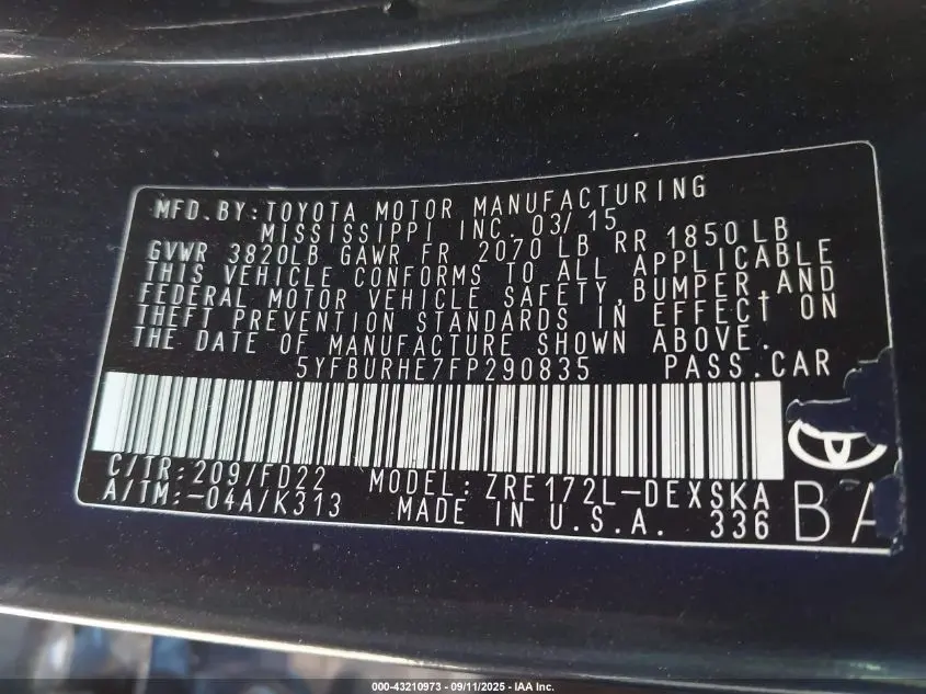 2015 TOYOTA COROLLA S PLUS