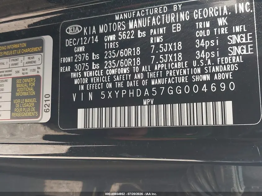2016 KIA SORENTO 3.3L EX
