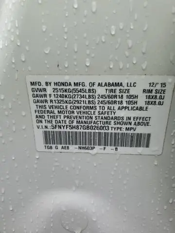 2016 HONDA PILOT EXL  