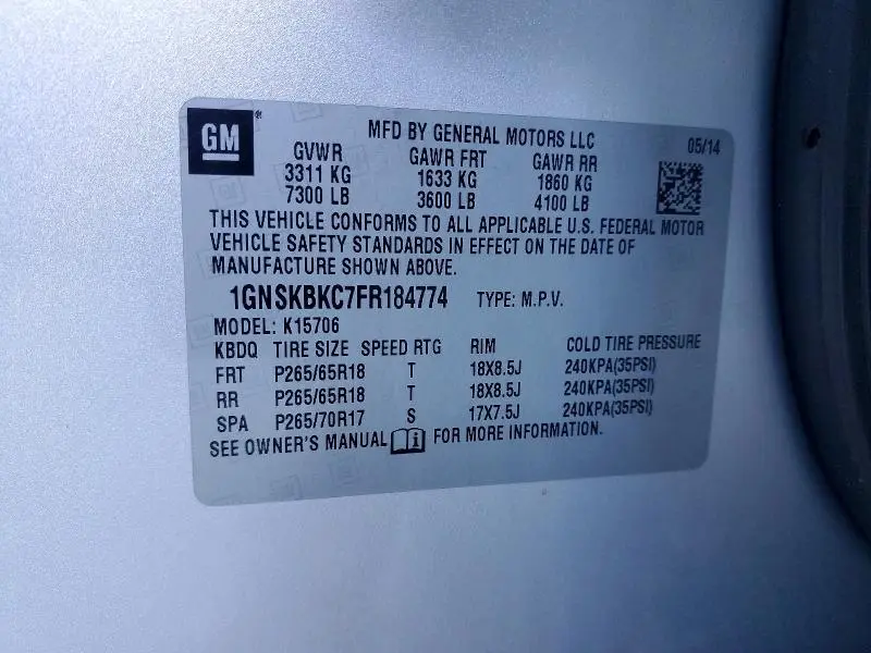 2015 CHEVROLET TAHOE K1500 LT  