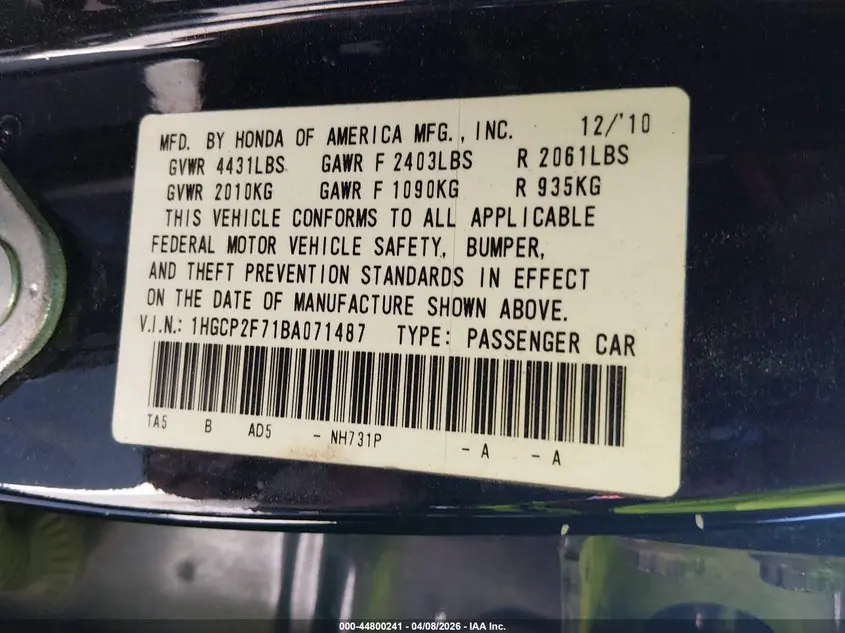 2011 HONDA ACCORD 2.4 EX