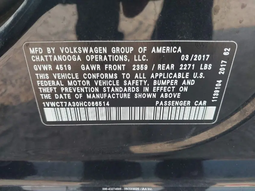 2017 VOLKSWAGEN PASSAT 1.8T SEL PREMIUM