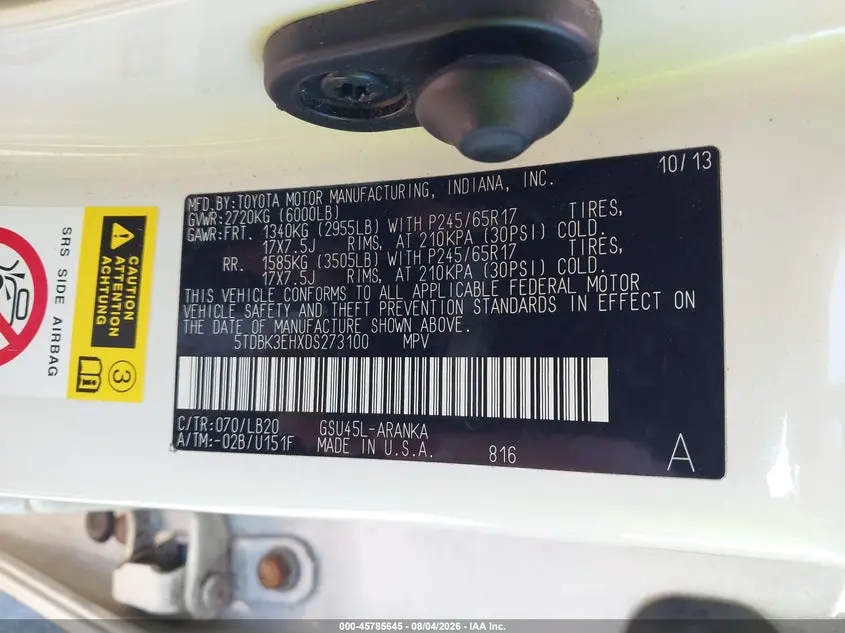 2013 TOYOTA HIGHLANDER SE V6