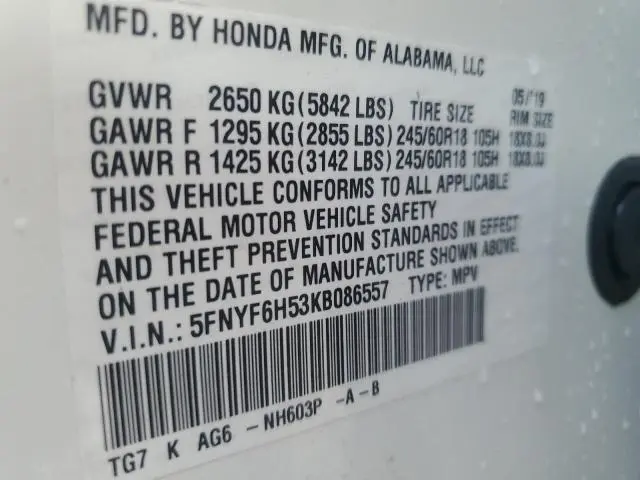 2019 HONDA PILOT EXL  