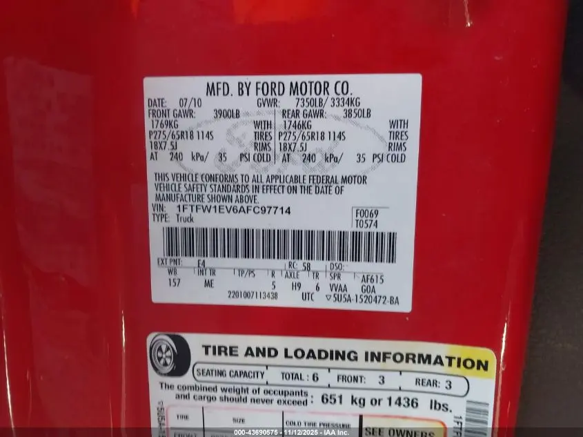 2010 FORD F-150 FX4/HARLEY-DAVIDSON/KING RANCH/LARIAT/PLATINUM/XL/XLT