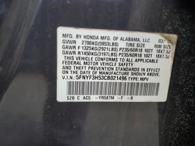 2012 HONDA PILOT EXL  