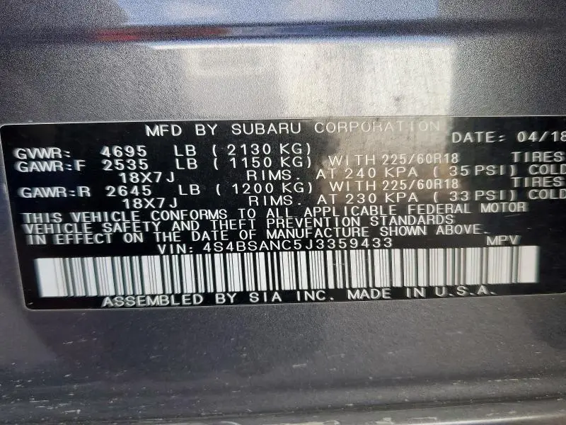 2018 SUBARU OUTBACK 2.5I LIMITED  