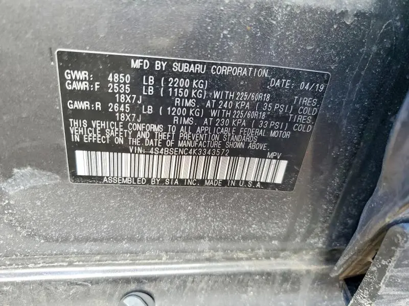2019 SUBA OUTBACK 3.
