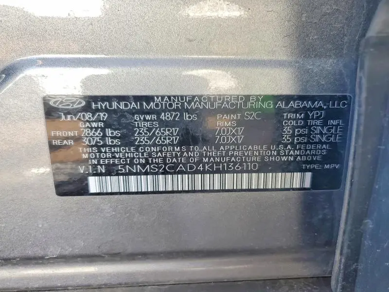 2019 HYUNDAI SANTA FE SE 2.4L  