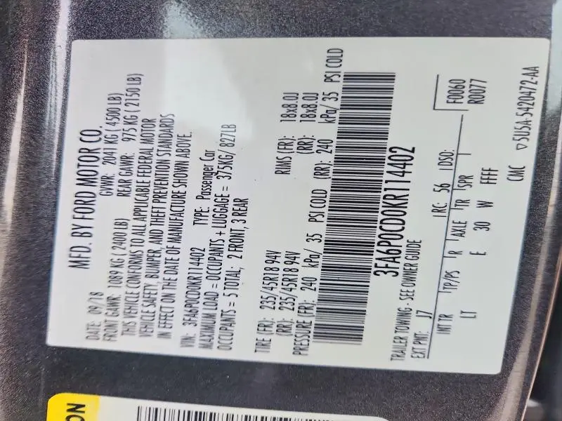 2019 FORD FUSION SEL  