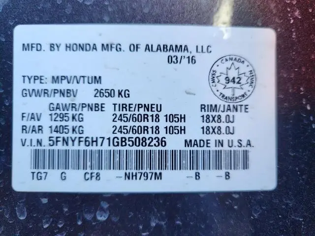 2016 HONDA PILOT EXLN  