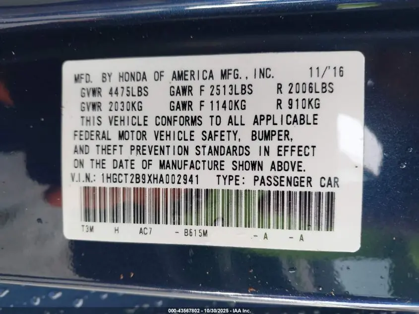 2017 HONDA ACCORD EX-L V6