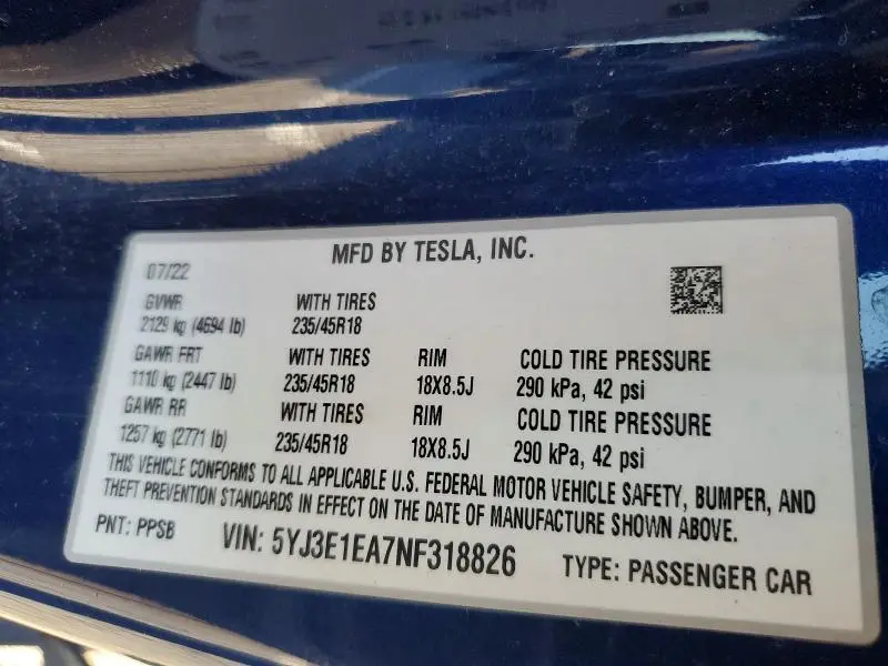 2022 TESLA MODEL 3   