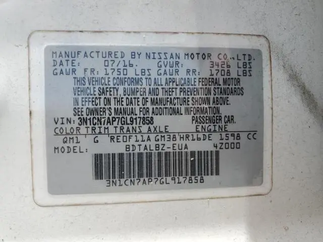 2016 NISSAN VERSA S  