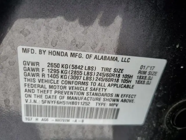 2017 HONDA PILOT EXL  