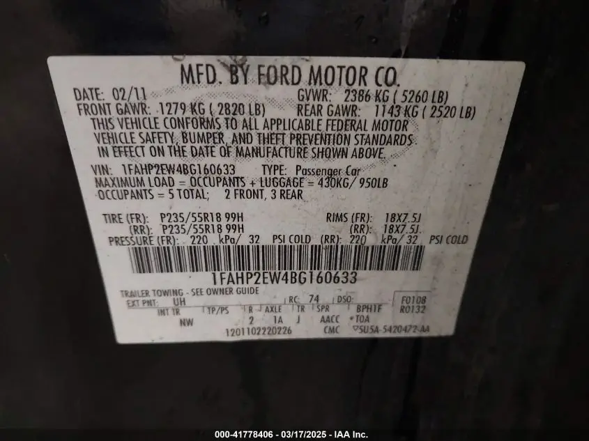 2011 FORD TAURUS SEL