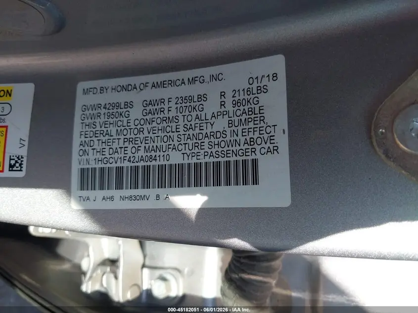2018 HONDA ACCORD EX