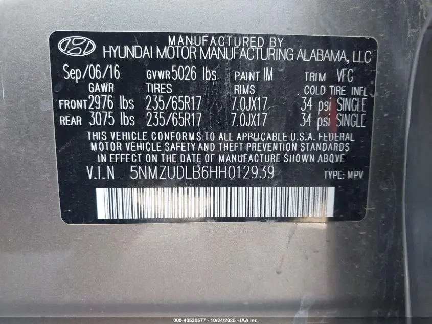 2017 HYUNDAI SANTA FE SPORT 2.4L