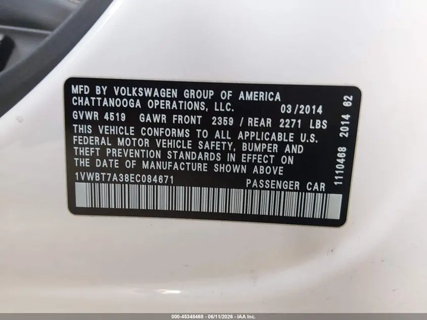 2014 VOLKSWAGEN PASSAT 1.8T SPORT