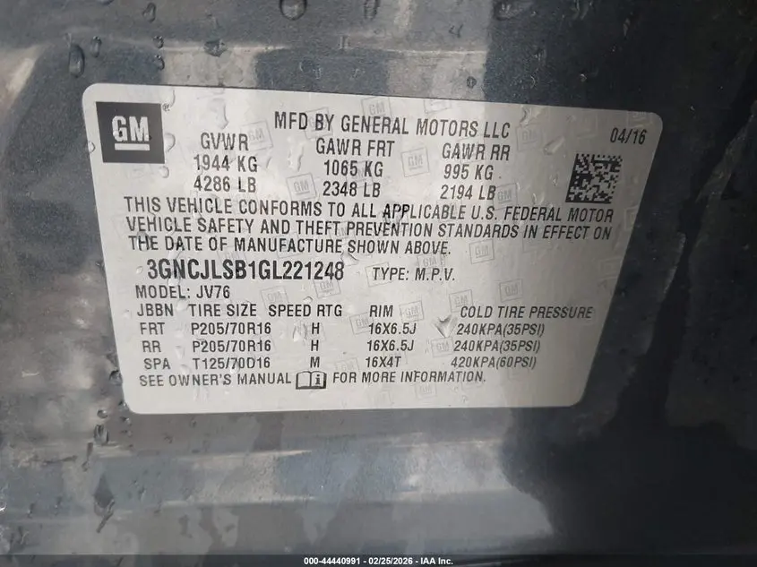 2016 CHEVROLET TRAX LT