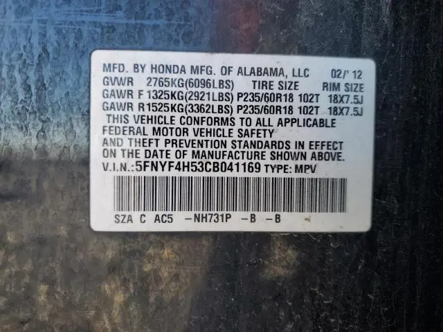 2012 HONDA PILOT EXL  