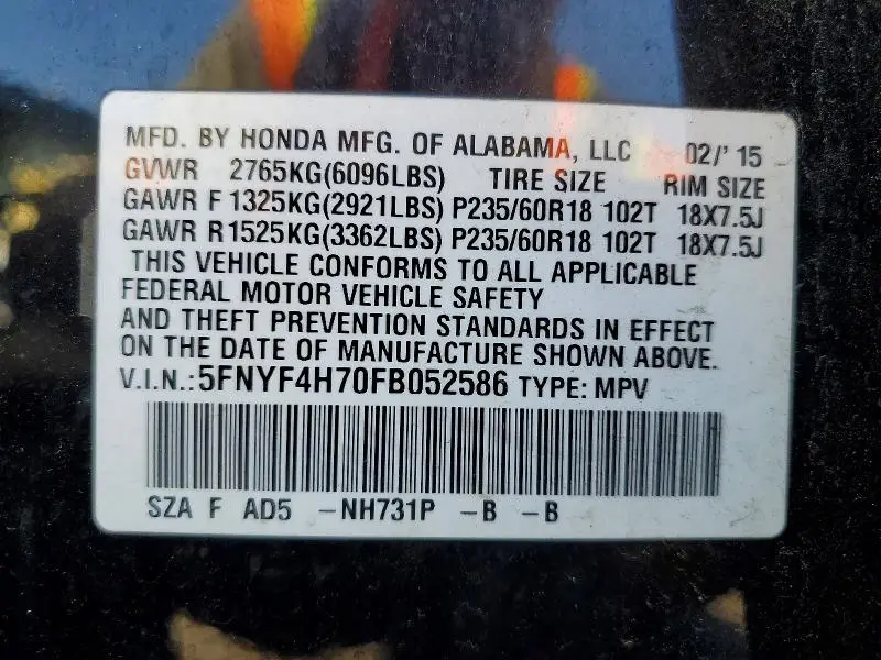 2015 HONDA PILOT EXLN  