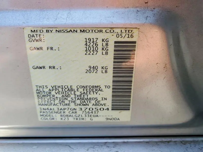 2016 NISSAN ALTIMA 2.5 S  