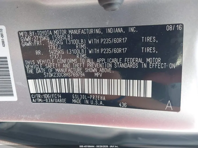2017 TOYOTA SIENNA LE 8 PASSENGER
