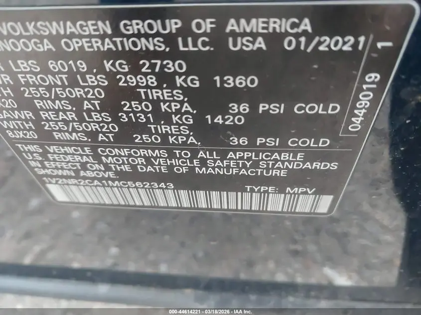 2021 VOLKSWAGEN ATLAS 3.6L V6 SE W/TECHNOLOGY R-LINE