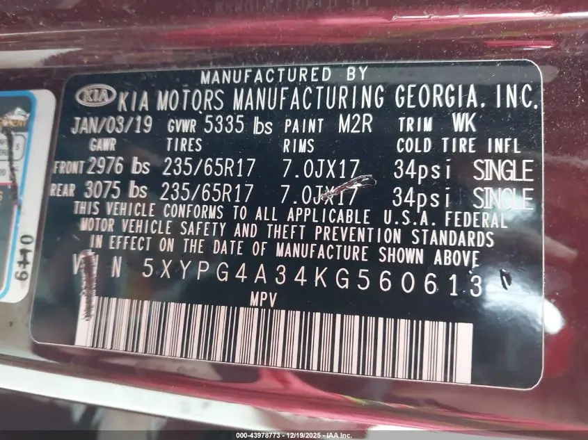 2019 KIA SORENTO 2.4L LX