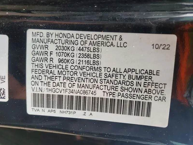 2022 HONDA ACCORD SPORT  