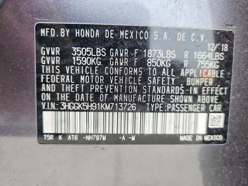 2019 HONDA FIT EXL  