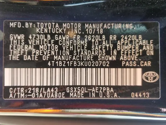 2019 TOYOTA AVALON XLE  