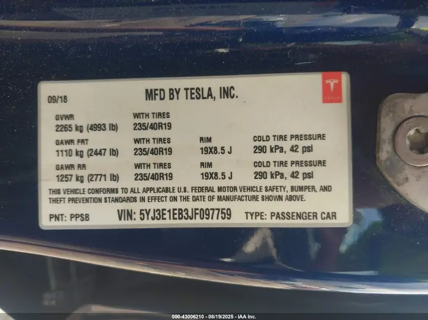 2018 TESLA MODEL 3 LONG RANGE/PERFORMANCE