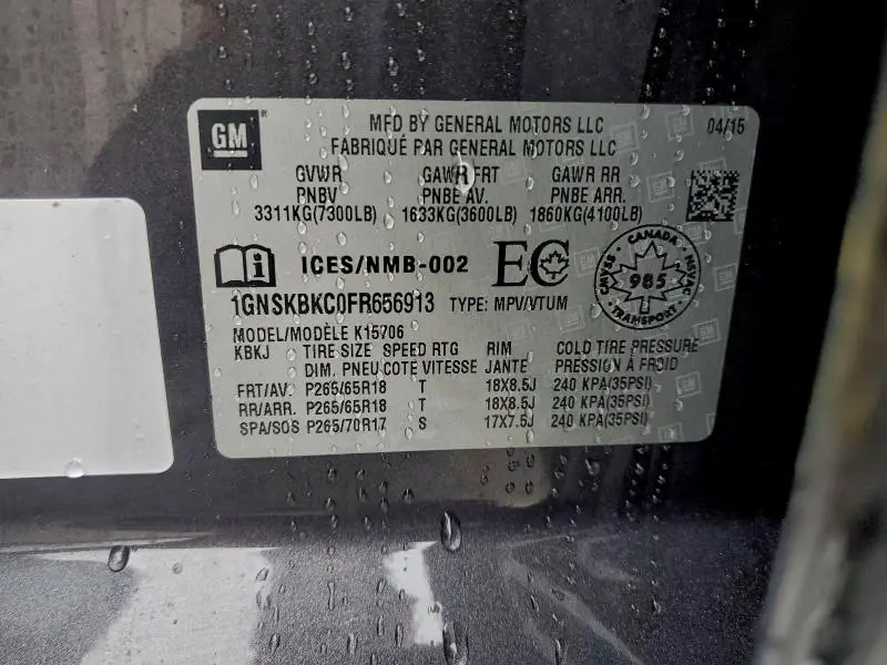 2015 CHEVROLET TAHOE K1500 LT  