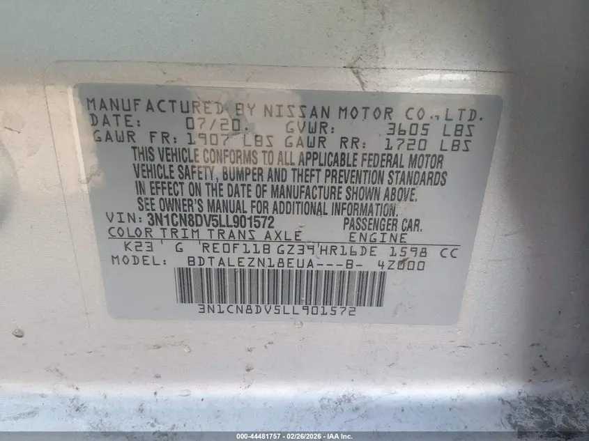 2020 NISSAN VERSA S XTRONIC CVT