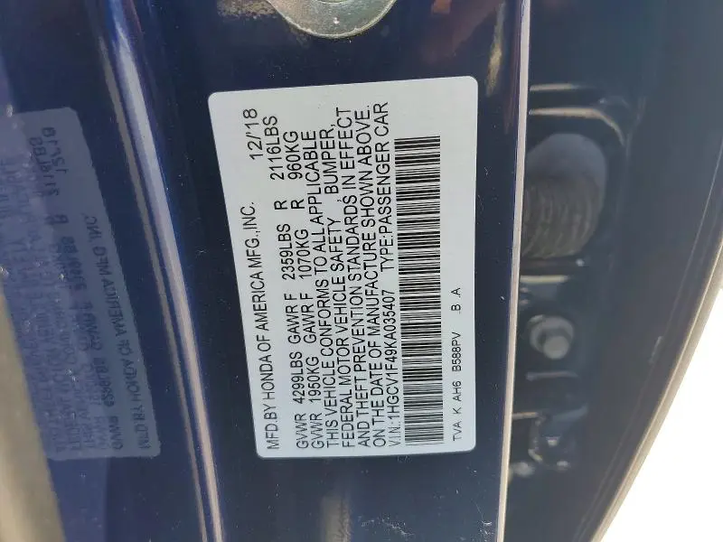 2019 HONDA ACCORD EX  