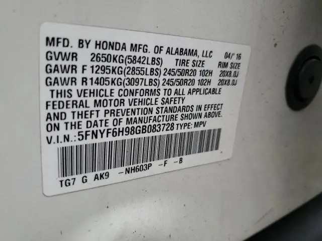 2016 HONDA PILOT TOURING  
