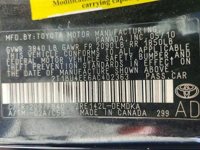 2010 TOYOTA COROLLA BASE  