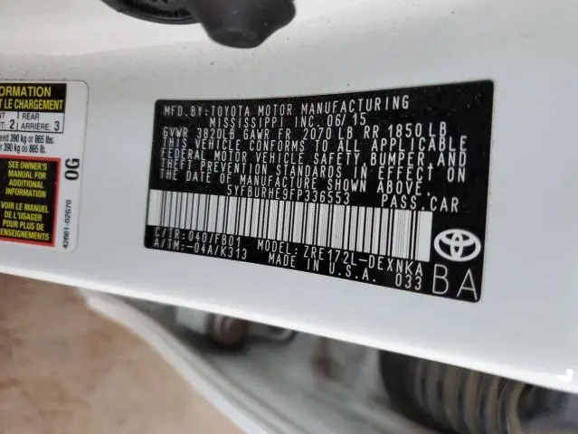 2015 TOYOTA COROLLA L  