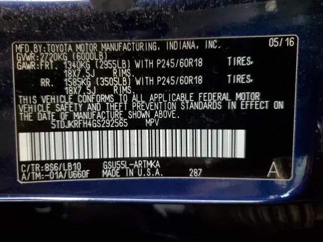 2016 TOYOTA HIGHLANDER XLE  