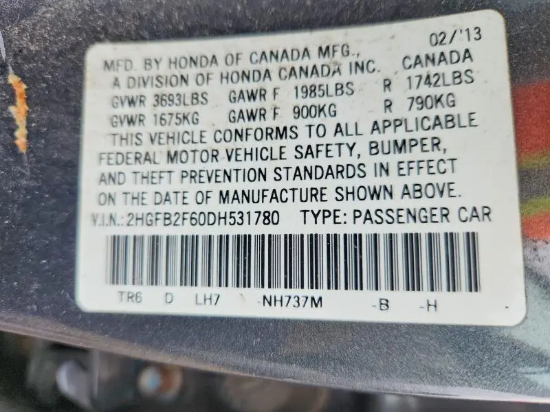 2013 HONDA CIVIC HF  