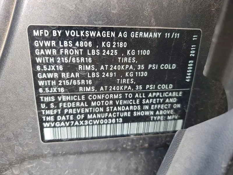 2012 VOLKSWAGEN TIGUAN S  