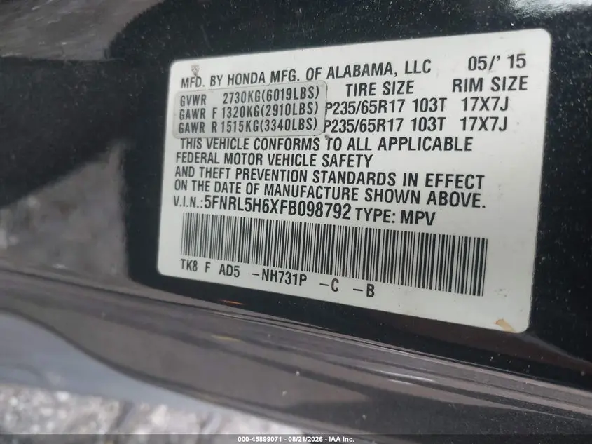 2015 HONDA ODYSSEY EX-L