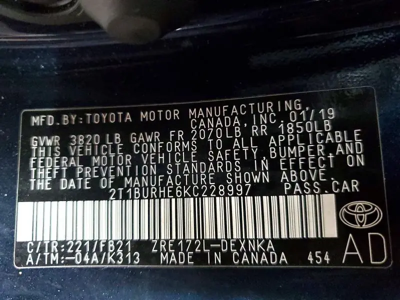 2019 TOYOTA COROLLA LE  